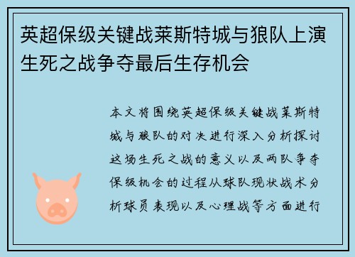 英超保级关键战莱斯特城与狼队上演生死之战争夺最后生存机会 英超保级关键战莱斯特城与狼队上演生死之战争夺最后生存机会