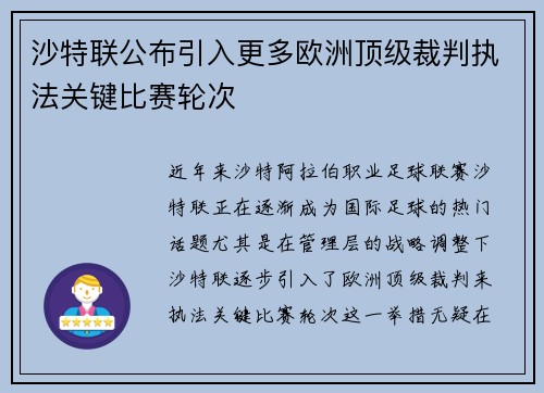 沙特联公布引入更多欧洲顶级裁判执法关键比赛轮次 沙特联公布引入更多欧洲顶级裁判执法关键比赛轮次